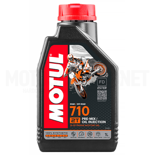 Aceite Motul 710 2T 100% sintético para motores de 2 tiempos: protección superior contra desgaste, funcionamiento suave y menor emisión de humos.