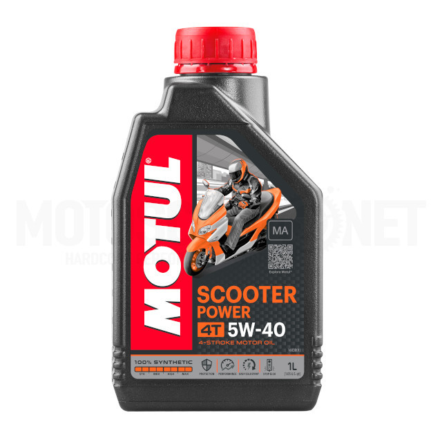 Aceite Motul Scooter Power 5W40 4T 1L. Lubricante 100% sintético para motores de scooters de 4 tiempos con máxima protección, rendimiento y vida útil del motor