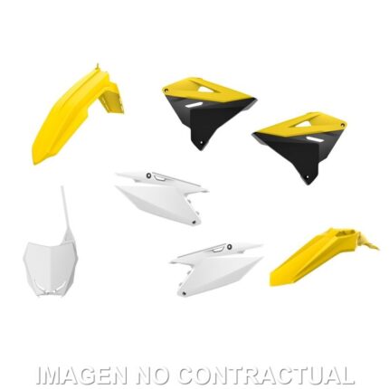 Renueva tu Suzuki RM125/250 (2001-2008) con el kit restyling Polisport estilo RMZ 18 en amarillo y blanco. Resistente, ligero y con ajuste OEM.