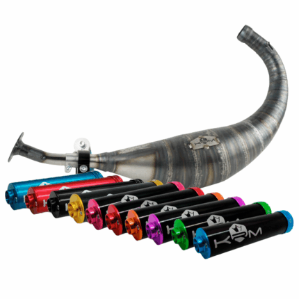 Escape completo KRM para Minarelli AM6 100-115cc. Aumenta potencia, aceleración y sonido. Ideal para motores preparados y competición.