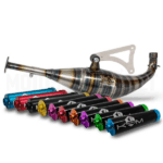 Escape completo KRM para Minarelli Horizontal 90-100cc. Mejora potencia, aceleración y sonido racing. Ideal para preparaciones deportivas.