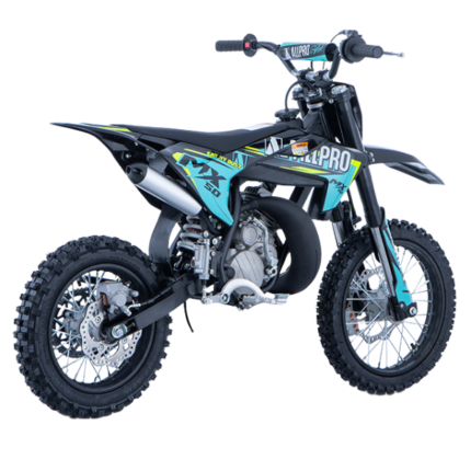Pitbike infantil Minicross 50cc 2T AC llantas 14/12. Estable, segura y perfecta para iniciación off-road. Diseño AllPro Azul. Ideal para niños.