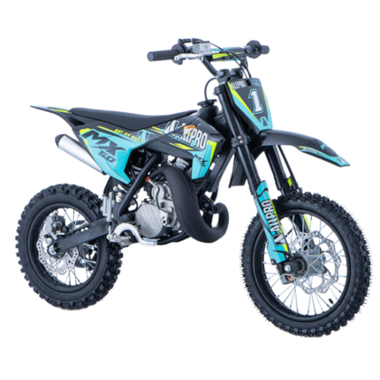 Pitbike infantil Minicross 50cc 2T AC llantas 14/12. Estable, segura y perfecta para iniciación off-road. Diseño AllPro Azul. Ideal para niños.