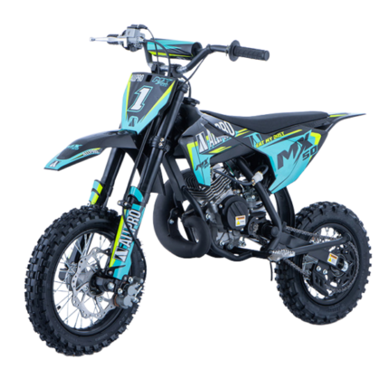 Pitbike infantil Minicross 50cc 2T llantas 12/10. Ligera, segura y perfecta para iniciación off-road. Diseño AllPro en color azul. Ideal para niños.