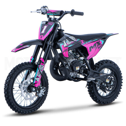 Pitbike infantil Minicross 50cc 2T AC llantas 14/12 rosa. Estable, segura y perfecta para iniciación off-road. Diseño AllPro moderno y divertido.