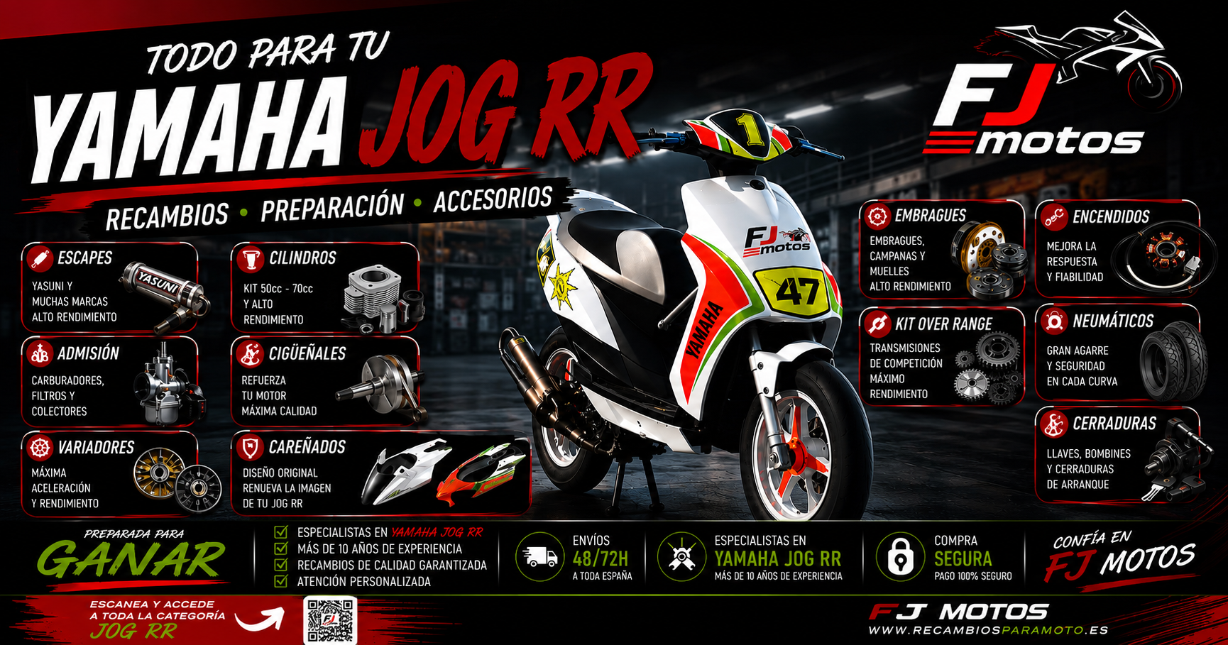 Encuentra los mejores recambios para Yamaha Jog RR. Escapes, variadores, cilindros, embragues, admisión, neumáticos y accesorios con asesoramiento especializado.