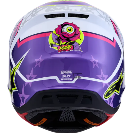 Casco Alpinestars S-M7 Blaster morado, rosa y blanco MX27 con tecnología PLASMA, calota compuesta y homologación ECE 22.06.