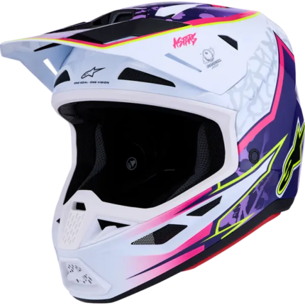 Casco Alpinestars S-M7 Blaster morado, rosa y blanco MX27 con tecnología PLASMA, calota compuesta y homologación ECE 22.06.